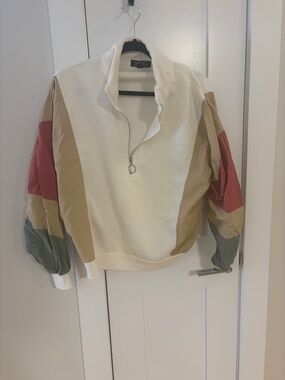 Cream Quarter-Zip Colorblock Pullover Hoodie